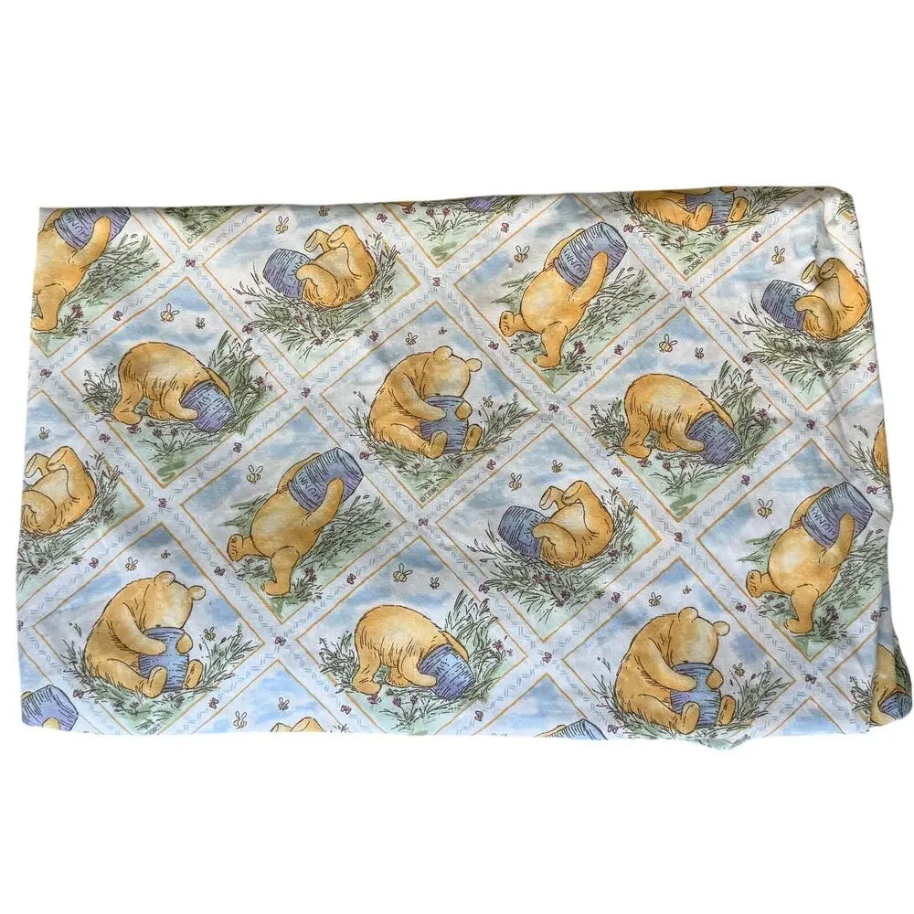 Vtg Disney Winnie the Pooh Double Fitted Sheet Vintage Honey Pot Blue 54